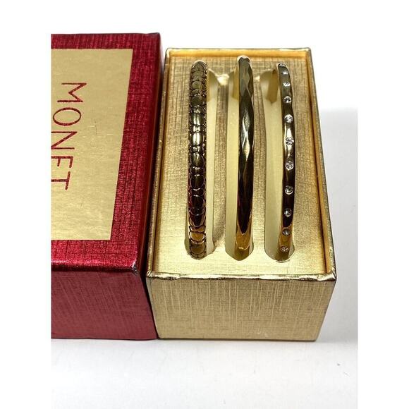 MONET Bracelets Set of 3 Gold Tone 8” Bangles Textured Designs 8” - Picture 3 of 12